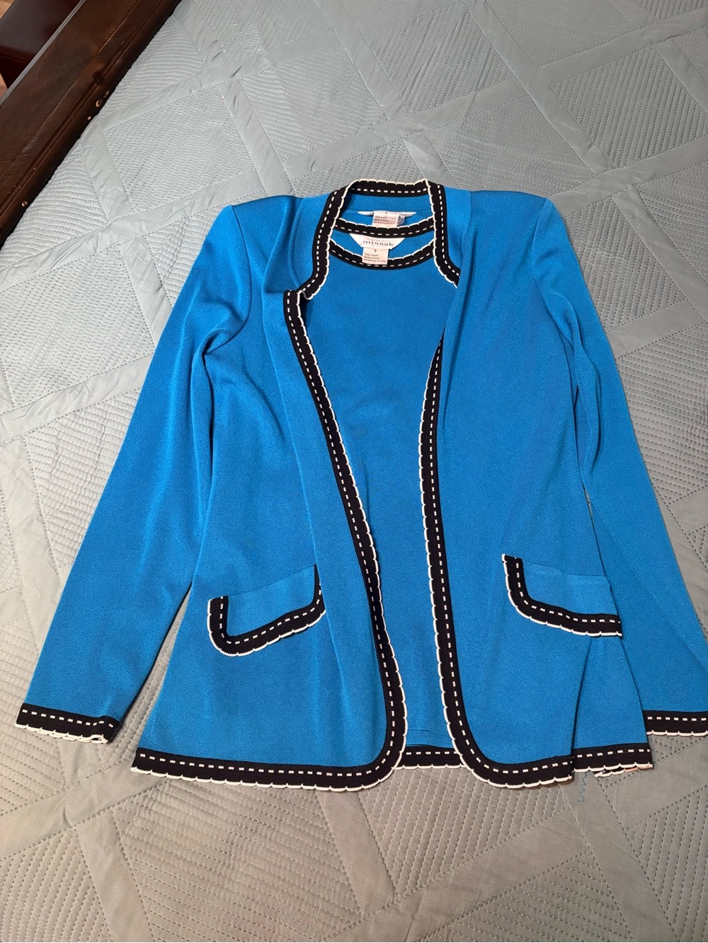 Misook Bright Blue Knit Open-Front Sweater Twin Set with Black Trim